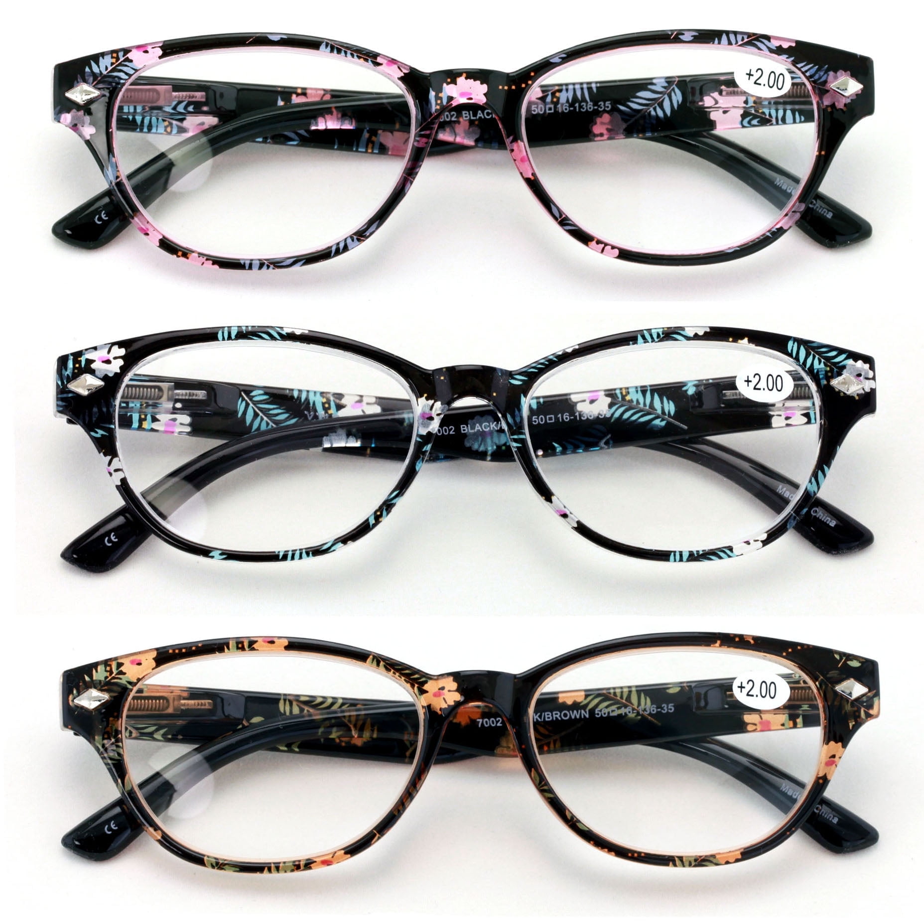 3 Pairs Women Classic Floral Readers With Spring Hinge - Oval Reading Glasses Magnification +4.00